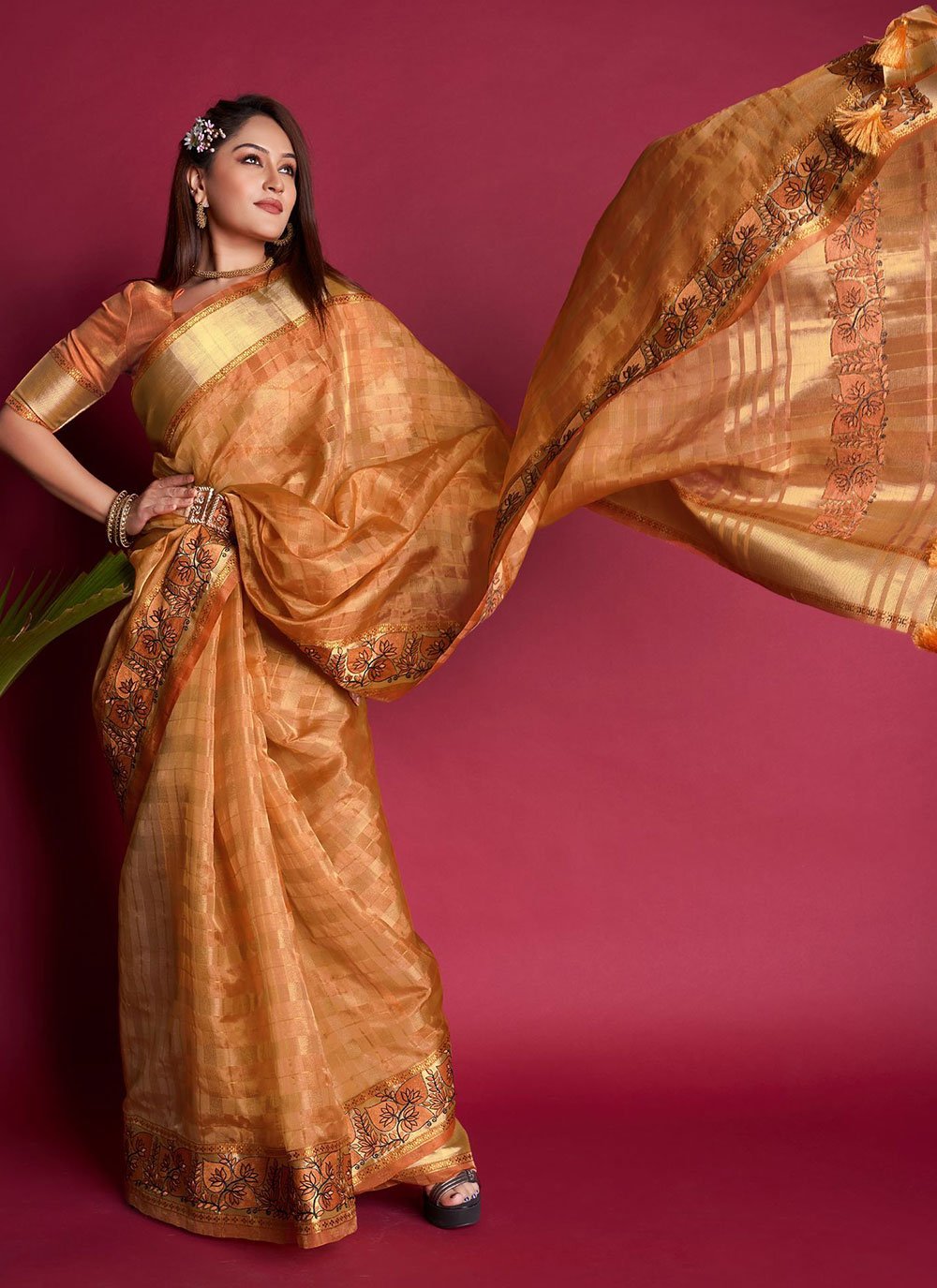 Contemporary Organza Silk Orange Embroidered Saree