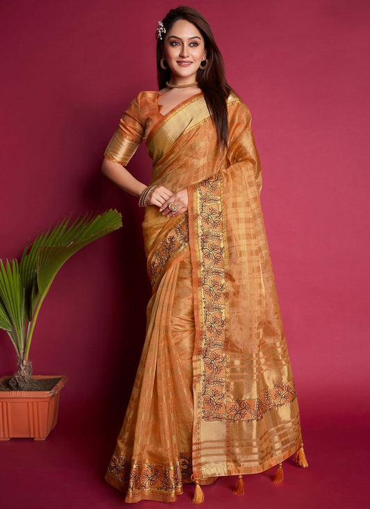 Contemporary Organza Silk Orange Embroidered Saree