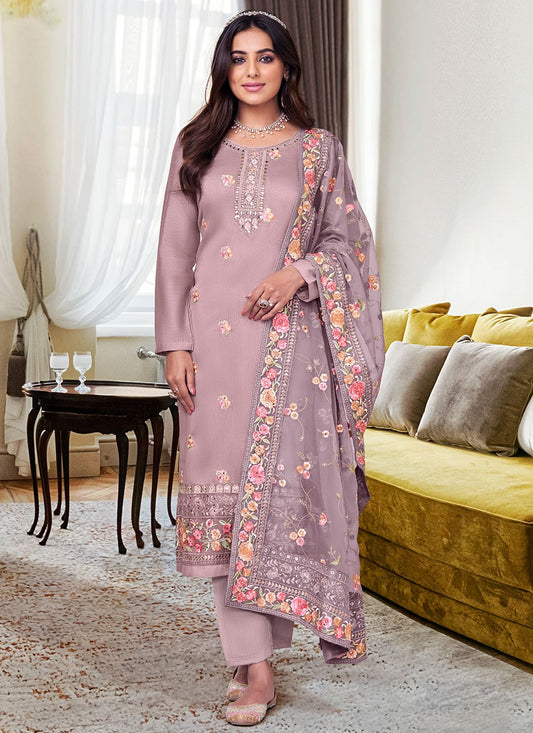 Pant Style Suit Silk Viscose Mauve Embroidered Salwar Kameez