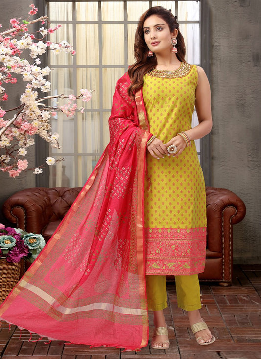 Pant Style Suit Silk Yellow Embroidered Salwar Kameez