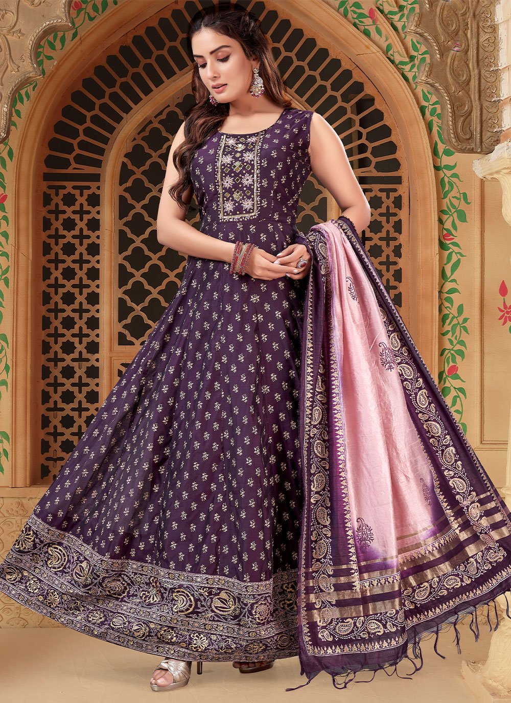 Anarkali Suit Silk Purple Embroidered Salwar Kameez