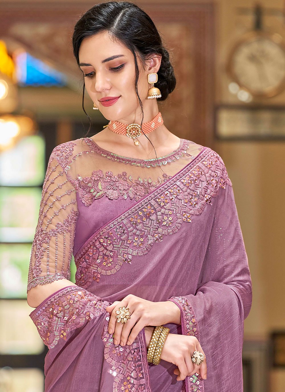 Contemporary Silk Purple Embroidered Saree