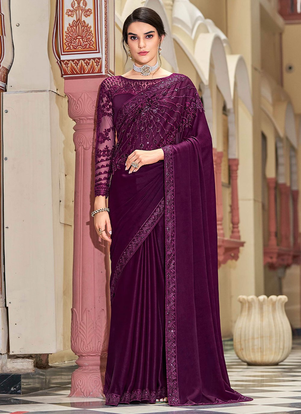 Trendy Saree Silk Purple Embroidered Saree