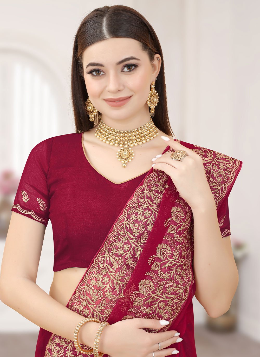 Classic Silk Rani Embroidered Saree