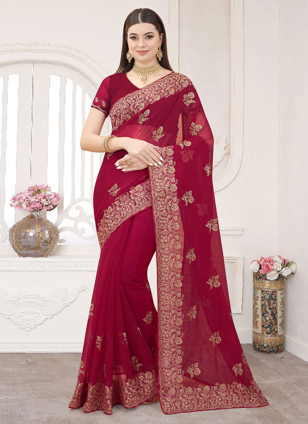 Classic Silk Rani Embroidered Saree