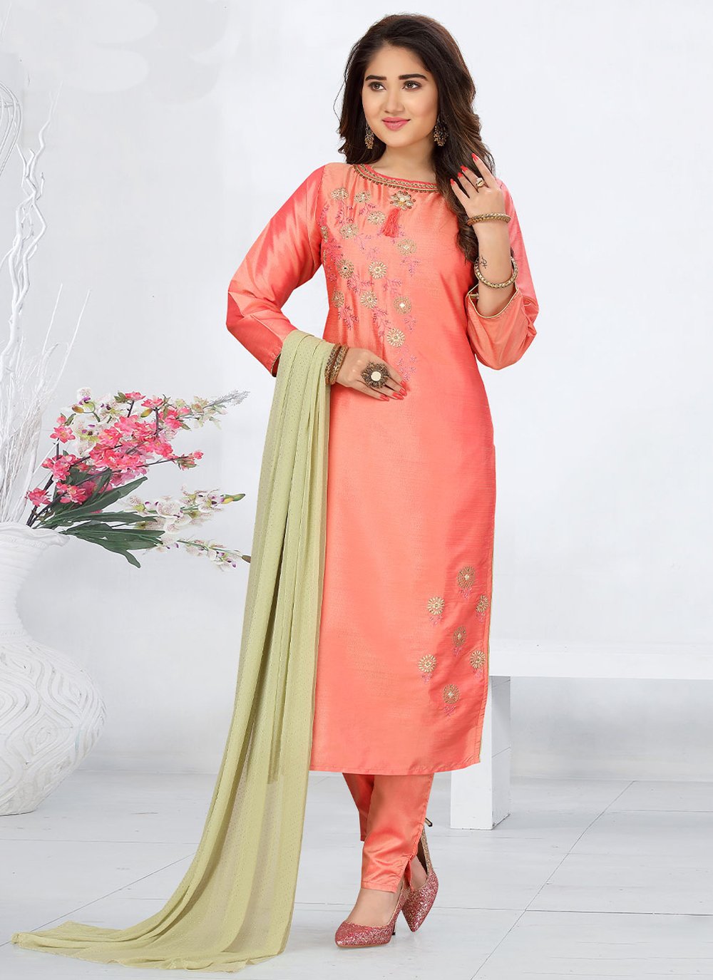 Salwar Suit Silk Peach Embroidered Salwar Kameez
