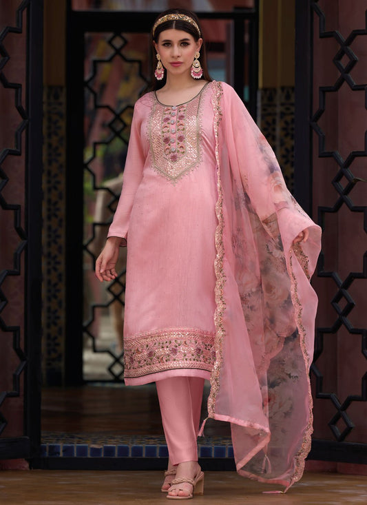 Salwar Suit Silk Viscose Pink Embroidered Salwar Kameez
