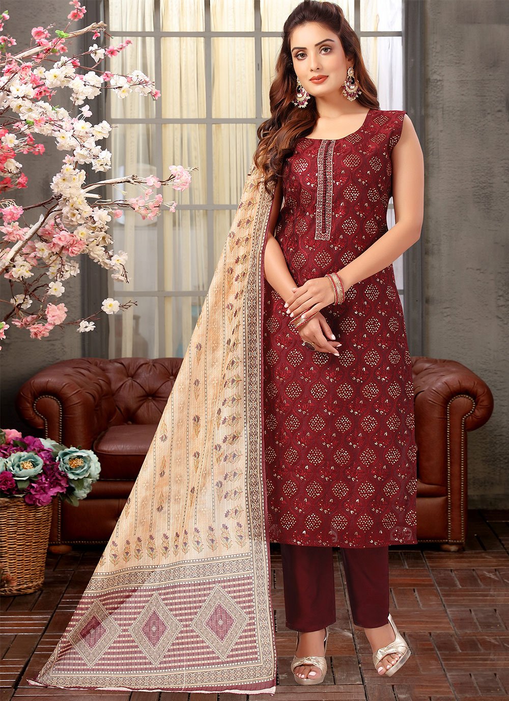 Salwar Suit Silk Maroon Embroidered Salwar Kameez