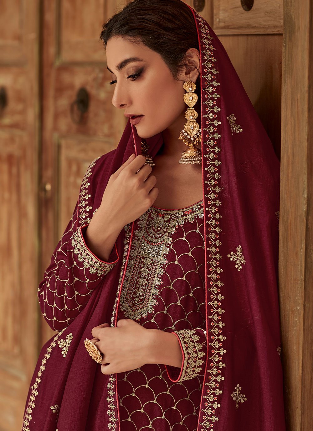 Salwar Suit Silk Maroon Embroidered Salwar Kameez