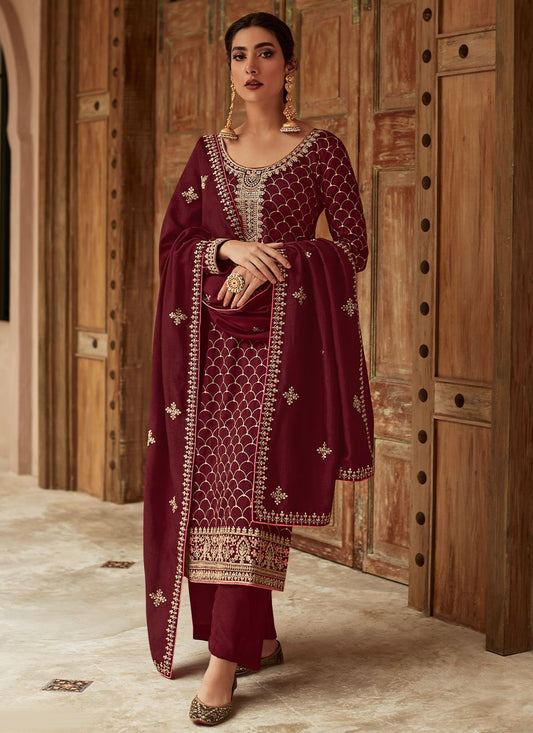 Salwar Suit Silk Maroon Embroidered Salwar Kameez