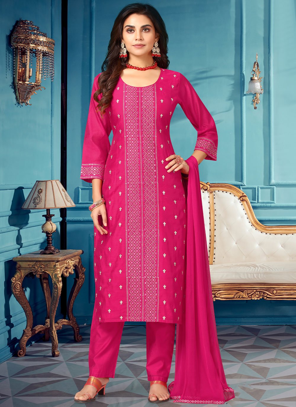 Salwar Suit Silk Pink Embroidered Salwar Kameez