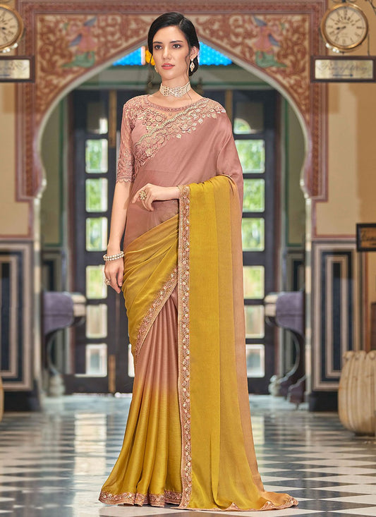 Classic Silk Peach Yellow Embroidered Saree