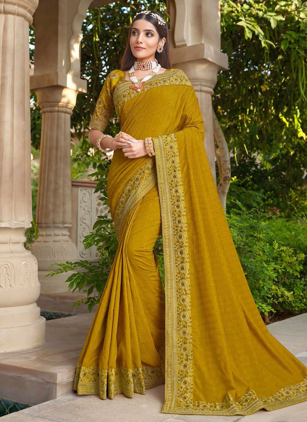 Classic Silk Mustard Embroidered Saree