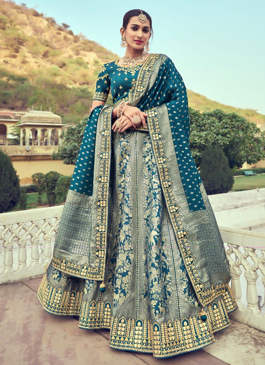 A Line Lehenga Silk Teal Beads Lehenga Choli