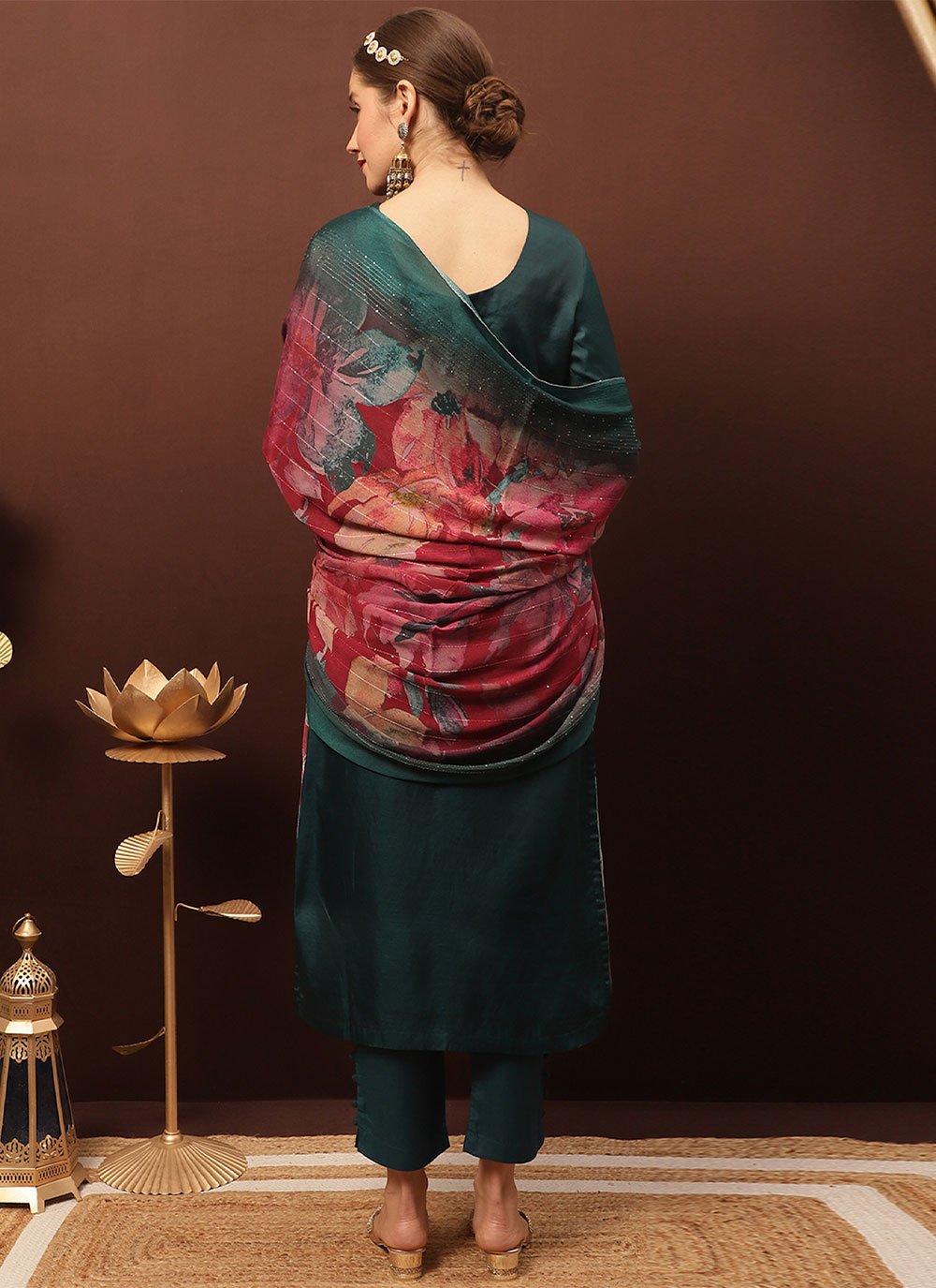 Salwar Suit Silk Teal Embroidered Salwar Kameez