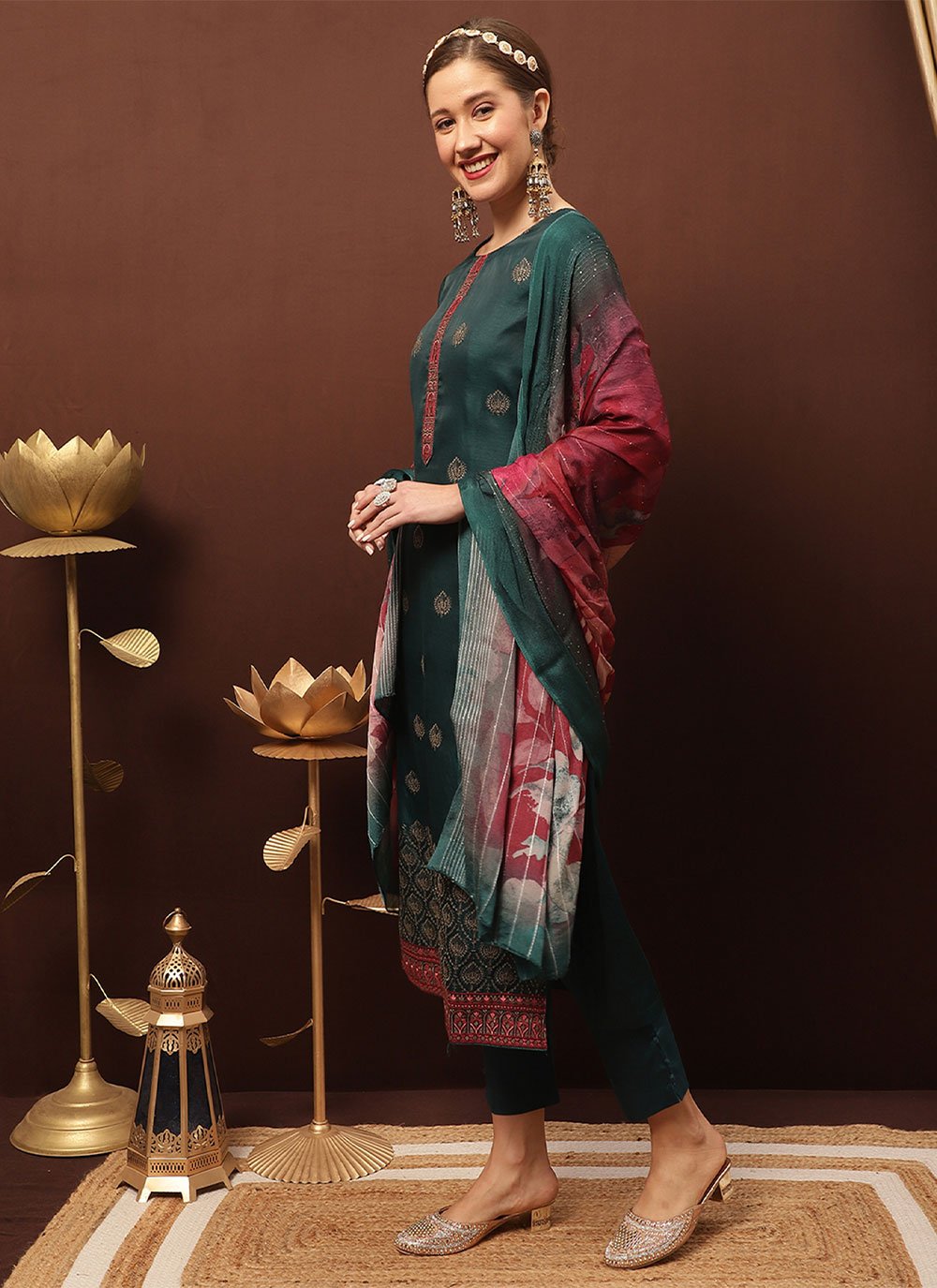 Salwar Suit Silk Teal Embroidered Salwar Kameez