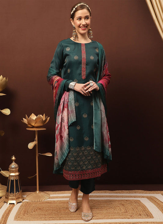 Salwar Suit Silk Teal Embroidered Salwar Kameez