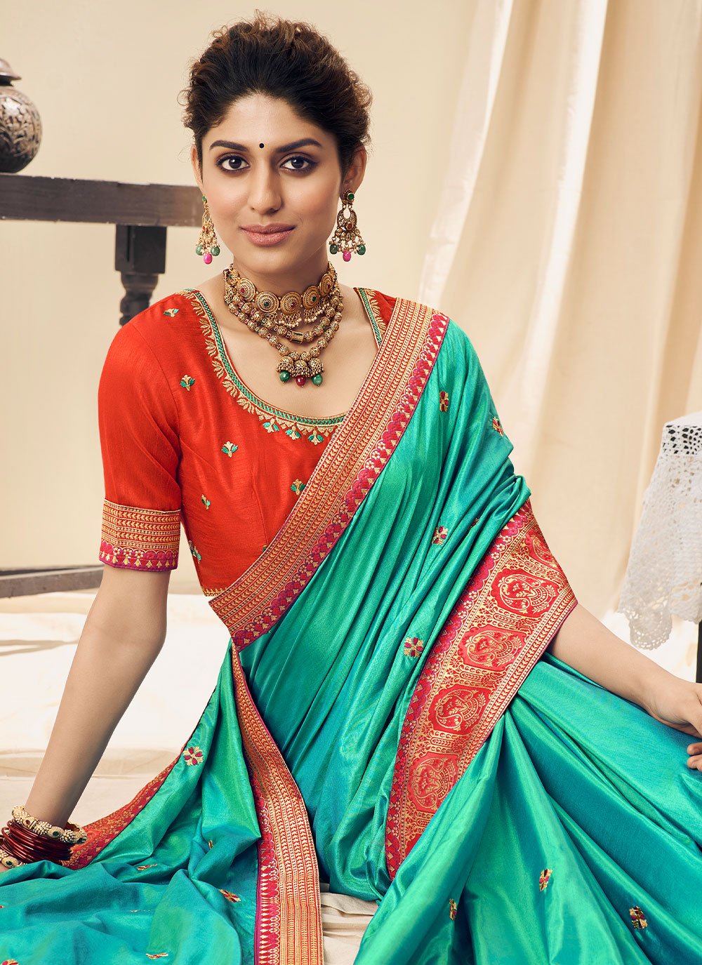 Trendy Saree Silk Turquoise Embroidered Saree