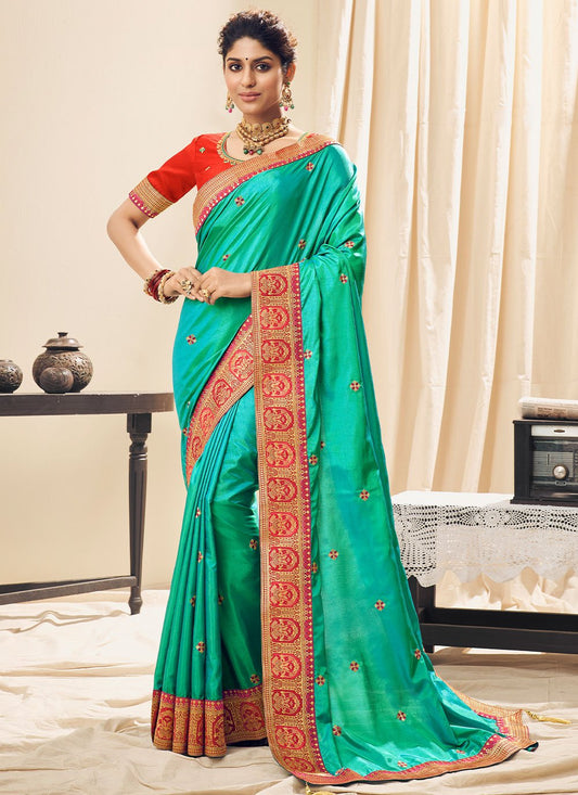 Trendy Saree Silk Turquoise Embroidered Saree