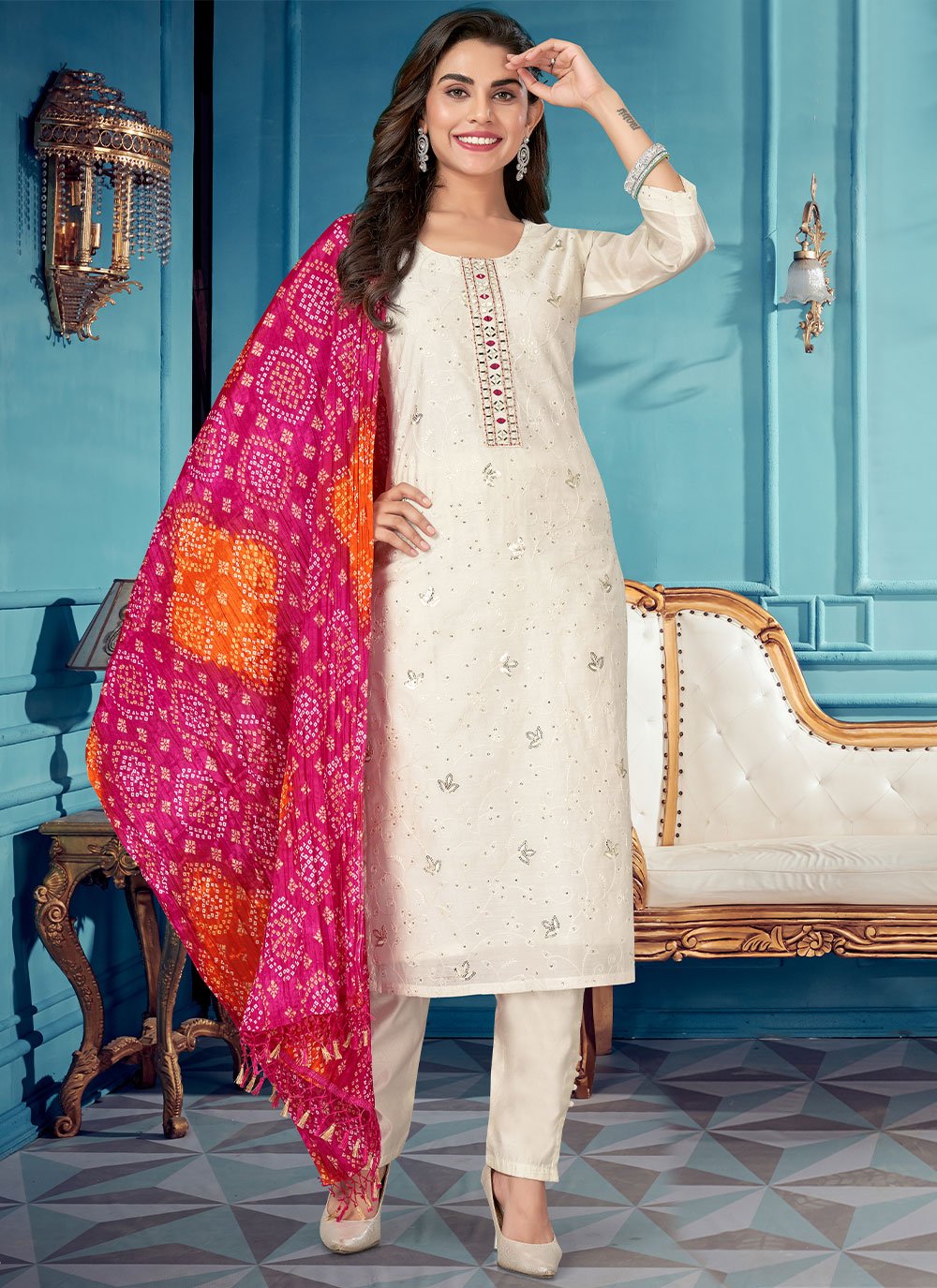 Salwar Suit Silk White Embroidered Salwar Kameez