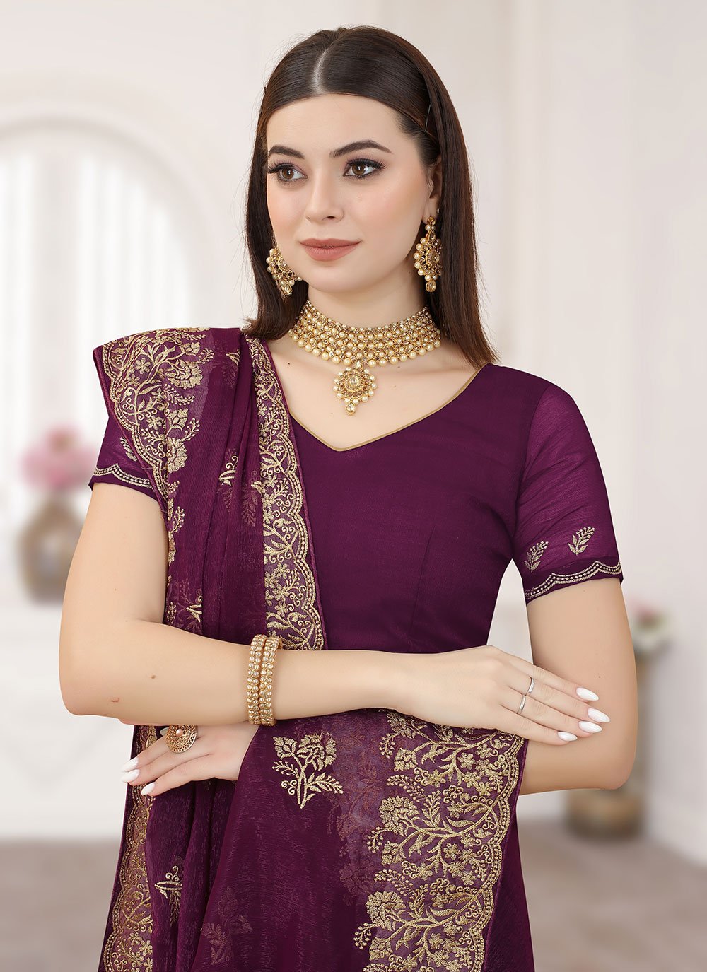 Classic Silk Wine Embroidered Saree