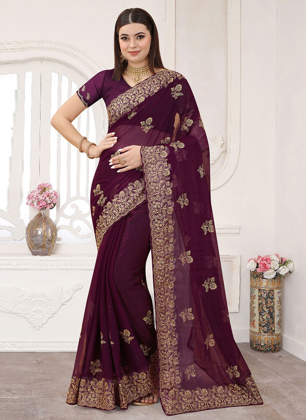 Classic Silk Wine Embroidered Saree