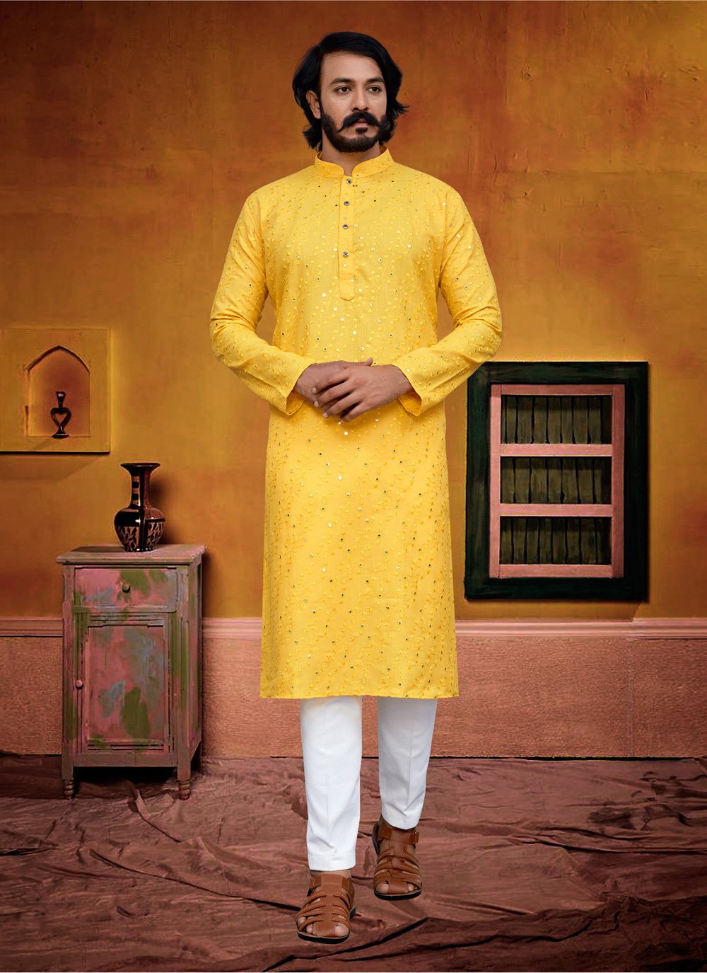 Kurta Pyjama Silk Yellow Embroidered Mens