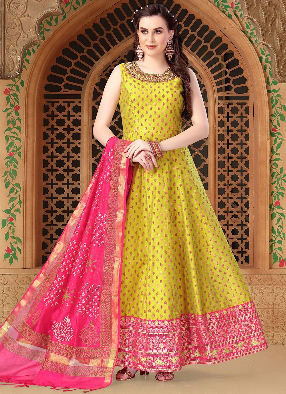 Salwar Suit Silk Yellow Embroidered Salwar Kameez