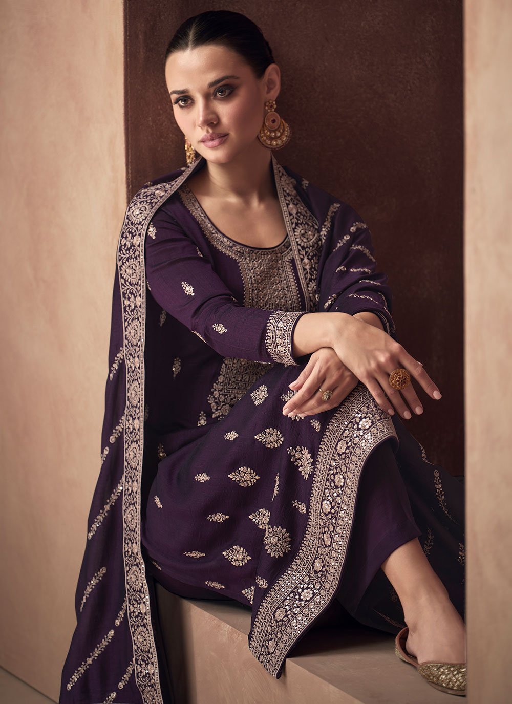 Salwar Suit Silk Purple Embroidered Salwar Kameez