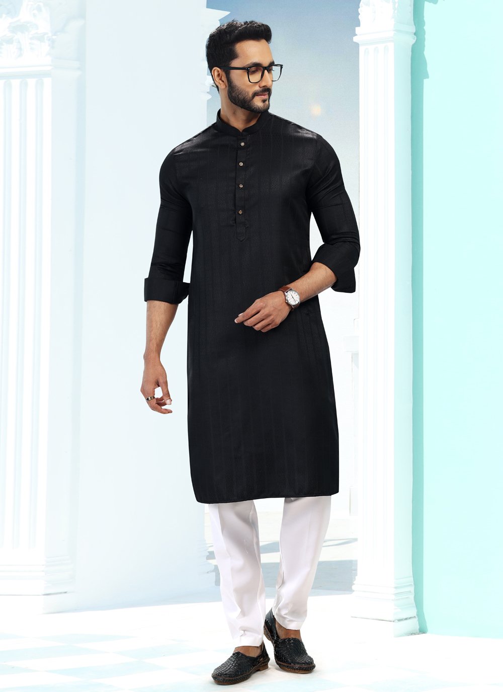 Kurta Pyjama Silk Black Fancy Work Mens