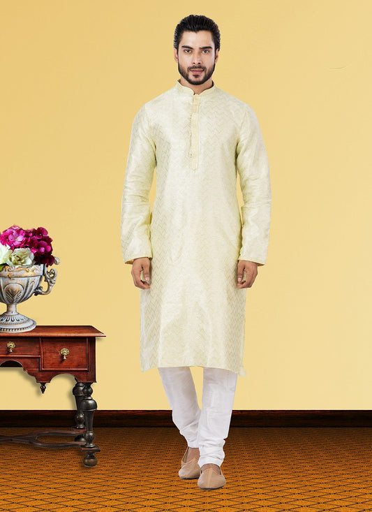 Kurta Pyjama Linen Silk Cream Fancy Work Mens