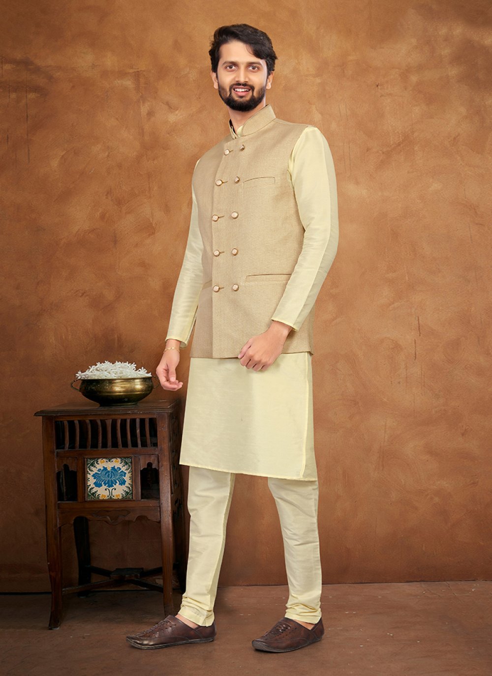 Kurta Payjama With Jacket Silk Beige Cream Fancy Work Mens