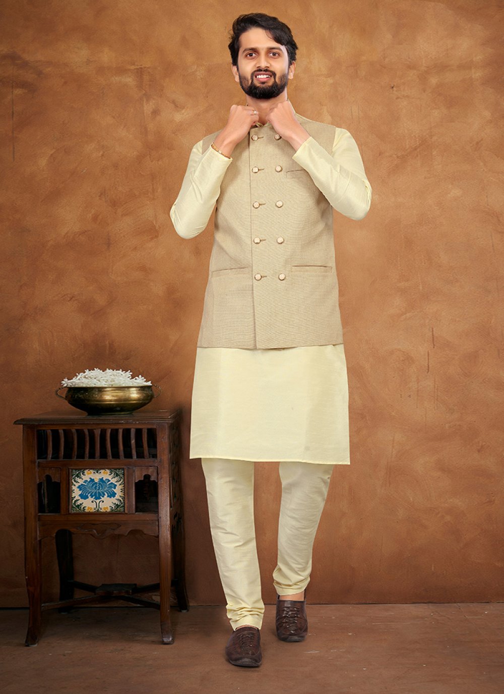 Kurta Payjama With Jacket Silk Beige Cream Fancy Work Mens