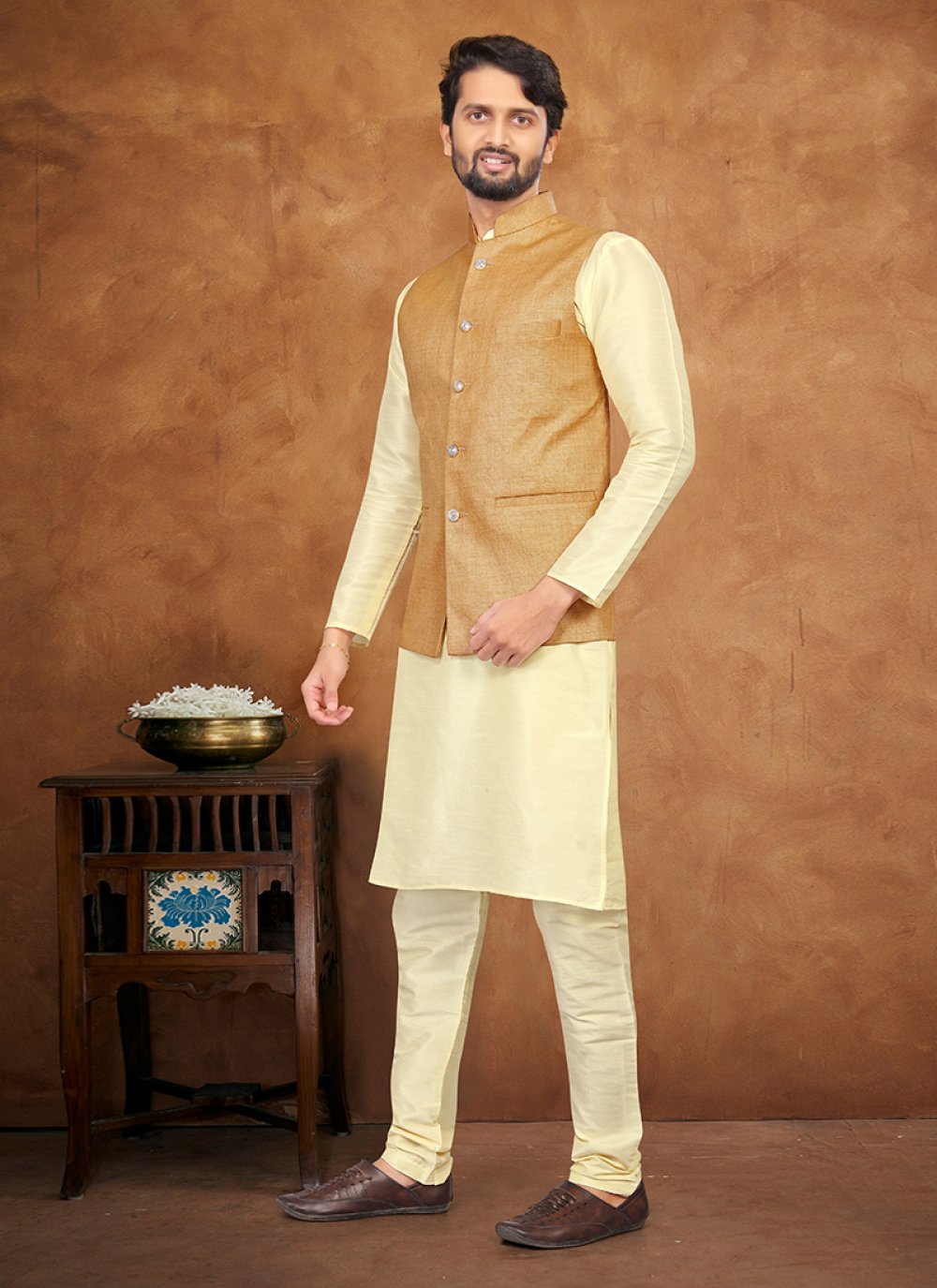 Kurta Payjama With Jacket Silk Cream Khaki Fancy Work Mens