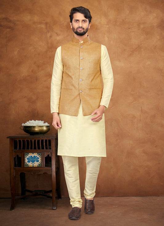 Kurta Payjama With Jacket Silk Cream Khaki Fancy Work Mens