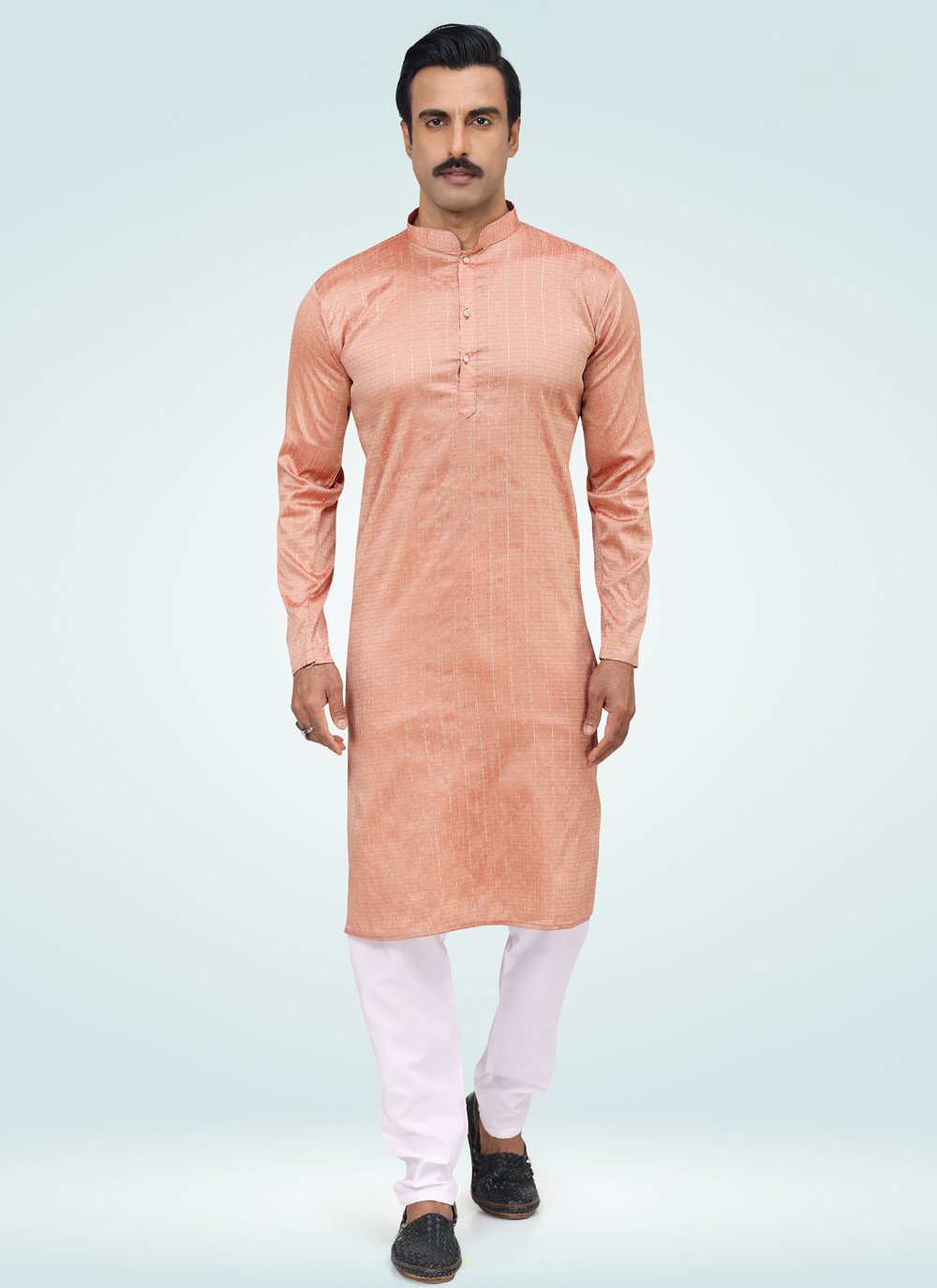 Kurta Pyjama Silk Peach Fancy Work Mens