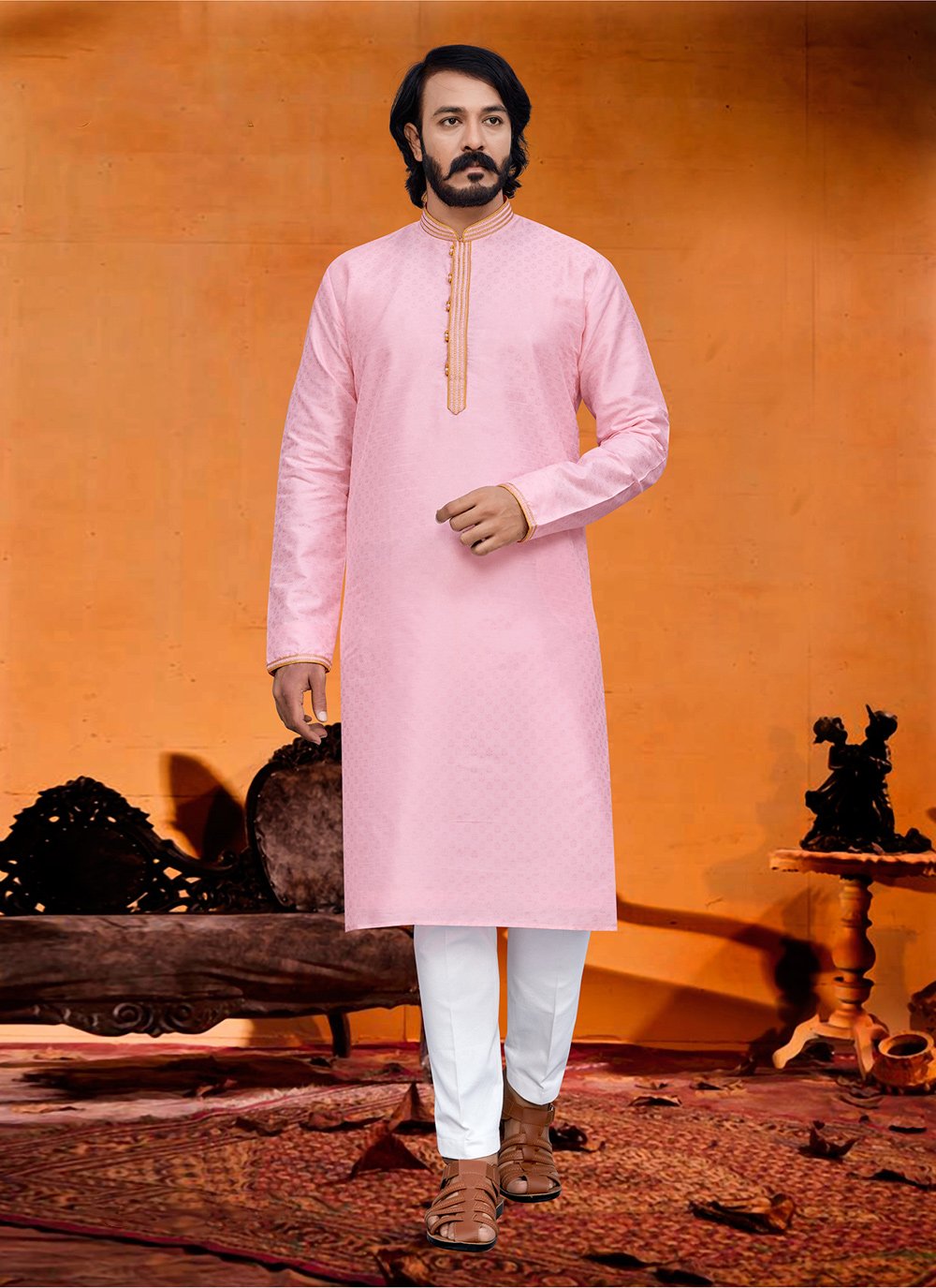 Kurta Pyjama Silk Pink Fancy Work Mens