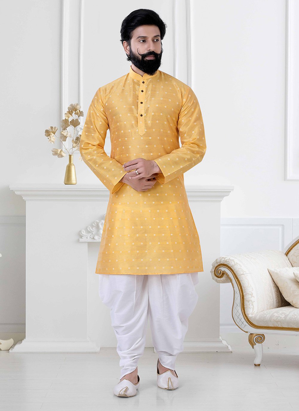 Dhoti Kurta Silk Yellow Fancy Work Mens