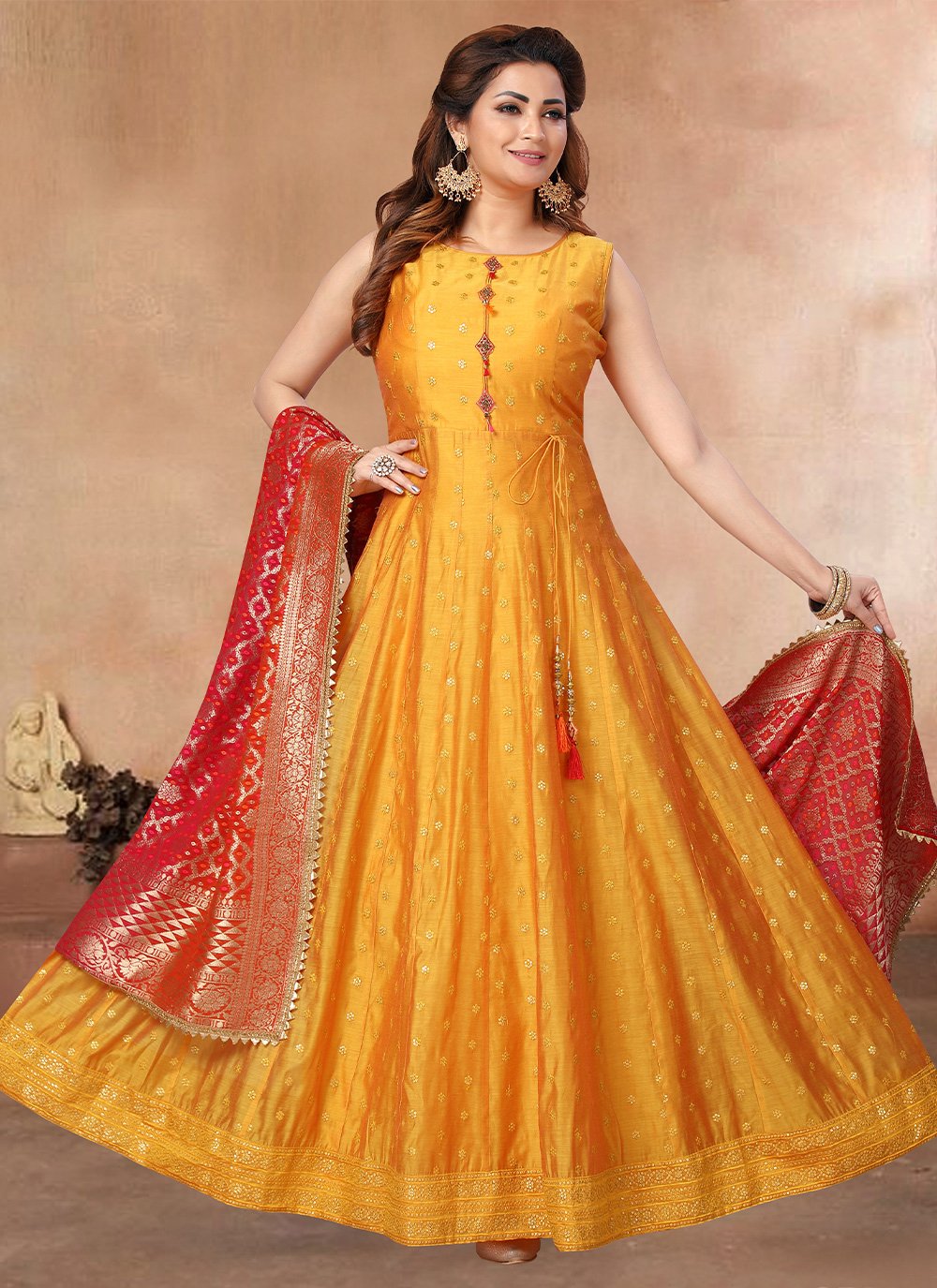 Anarkali Suit Silk Orange Embroidered Salwar Kameez