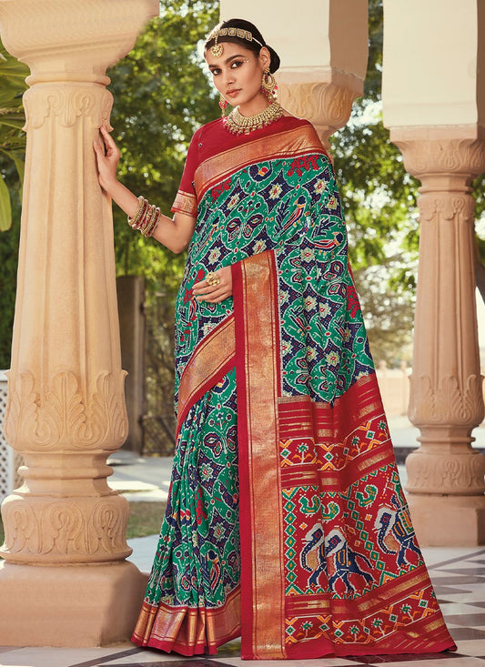 Designer Silk Crimson Turquoise Patola Print Saree