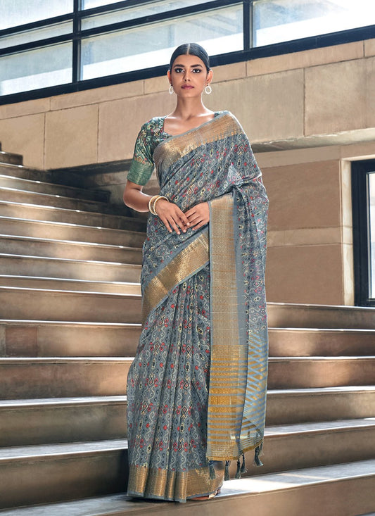 Traditional Saree Silk Grey Digital Print Saree