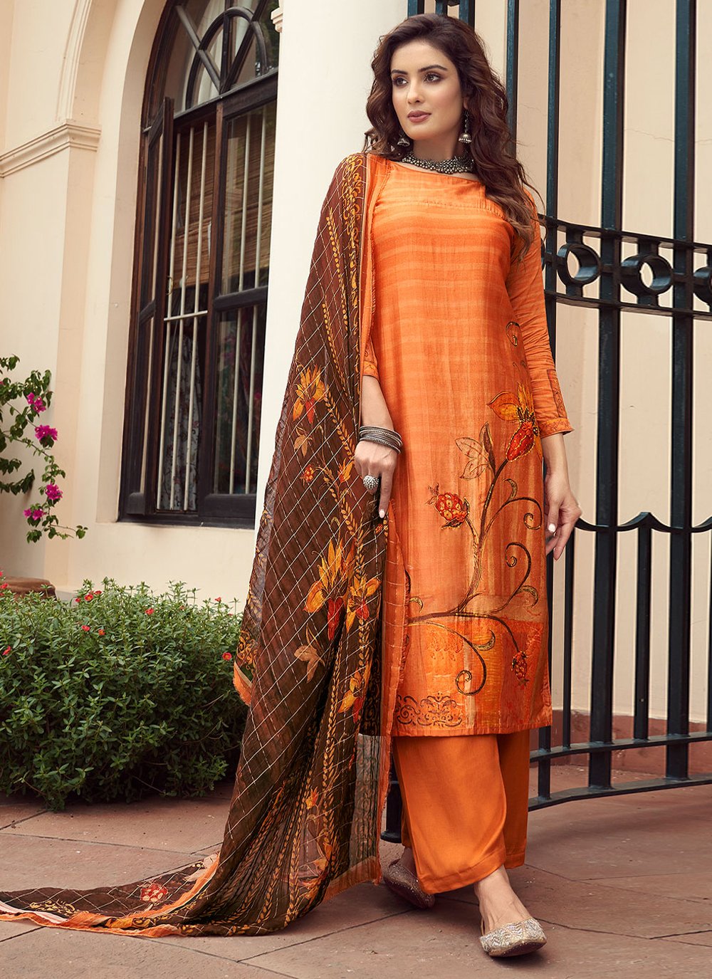 Salwar Suit Silk Viscose Orange Digital Print Salwar Kameez