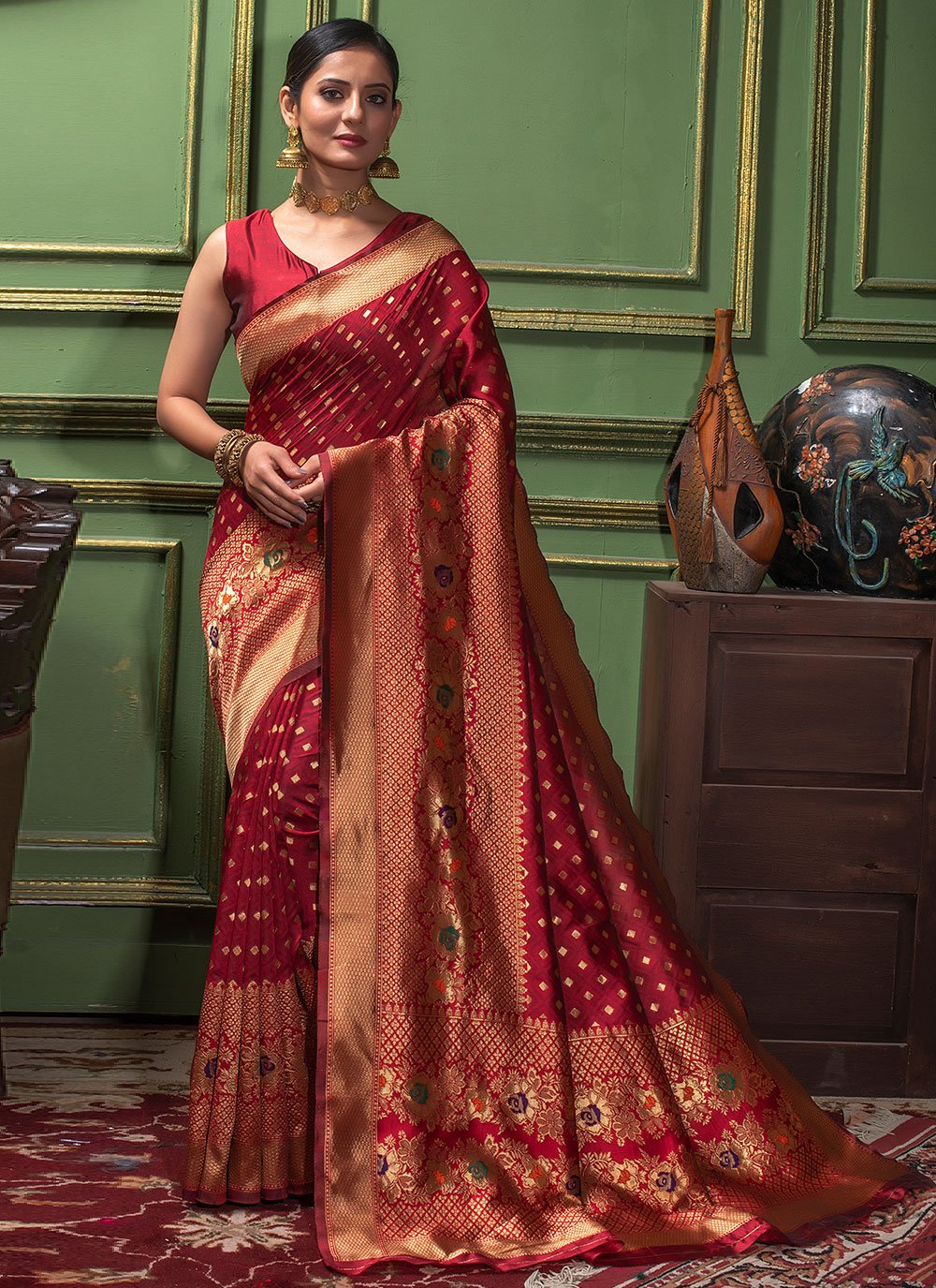 Traditional Saree Silk Maroon Weaving Saree