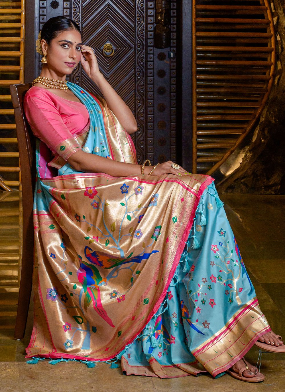 Traditional Saree Silk Firozi Meenakari Saree