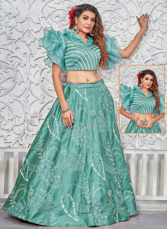 Lehenga Choli Silk Sea Green Embroidered Lehenga Choli