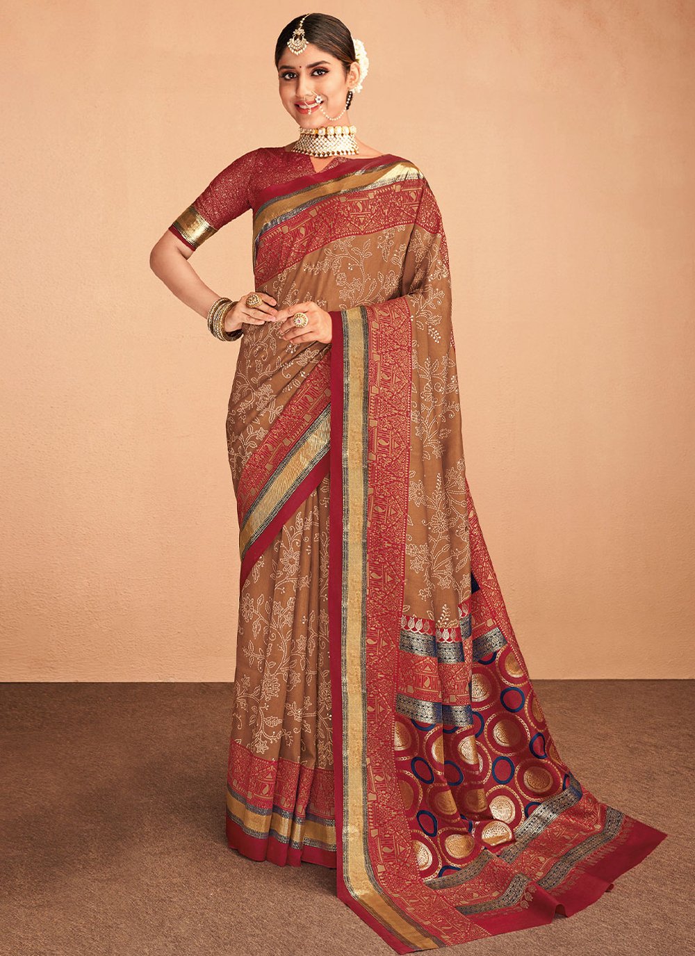 Trendy Saree Silk Brown Foil Print Saree