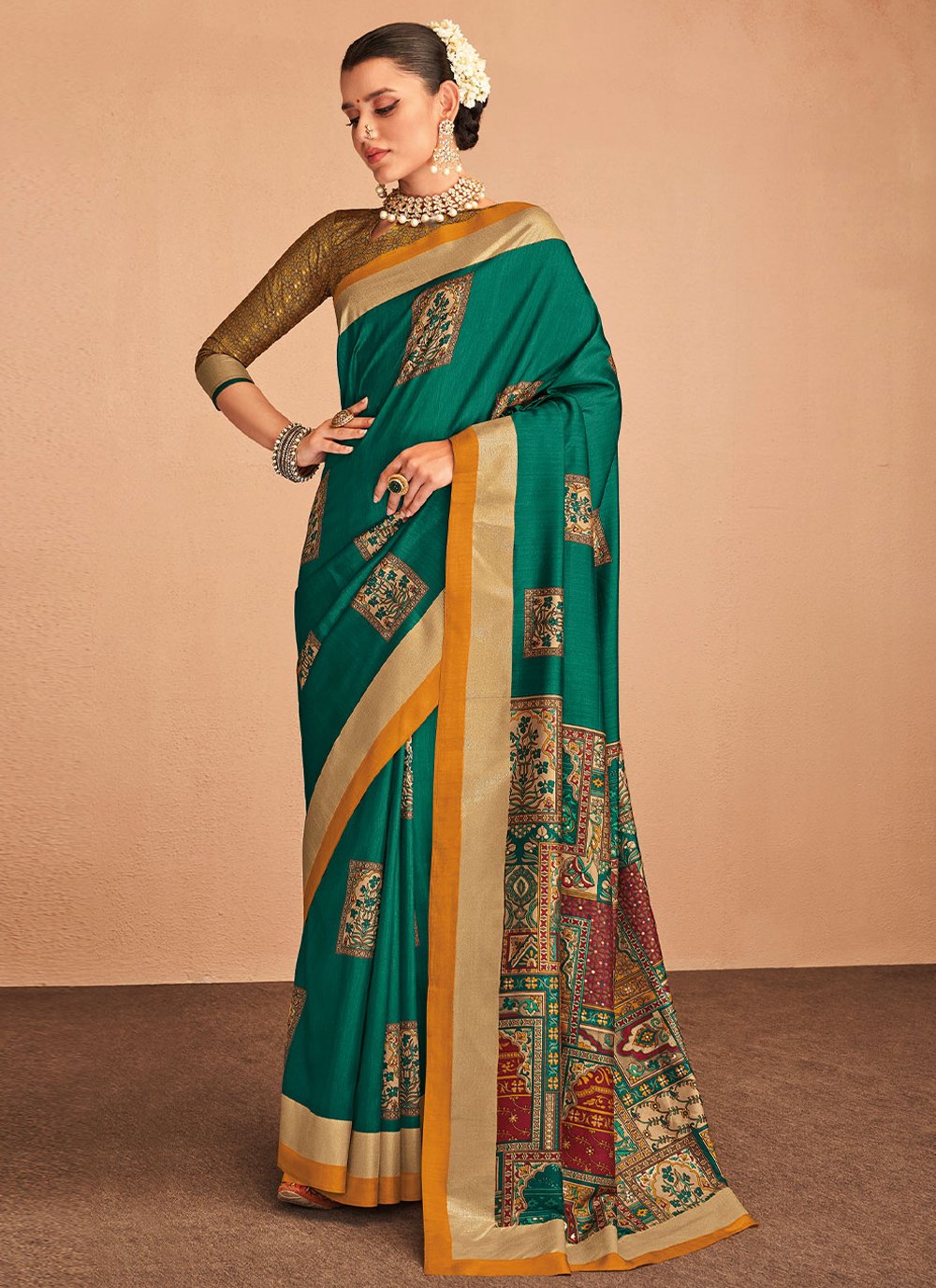 Contemporary Silk Green Foil Print Saree