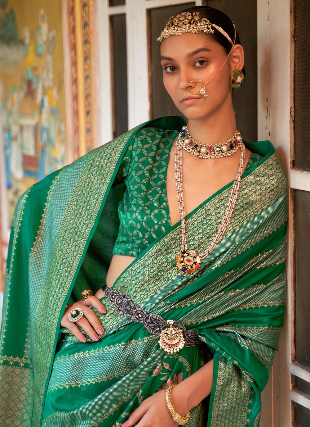 Contemporary Silk Green Foil Print Saree