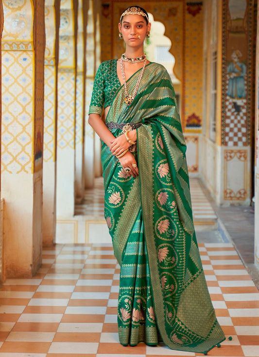 Contemporary Silk Green Foil Print Saree