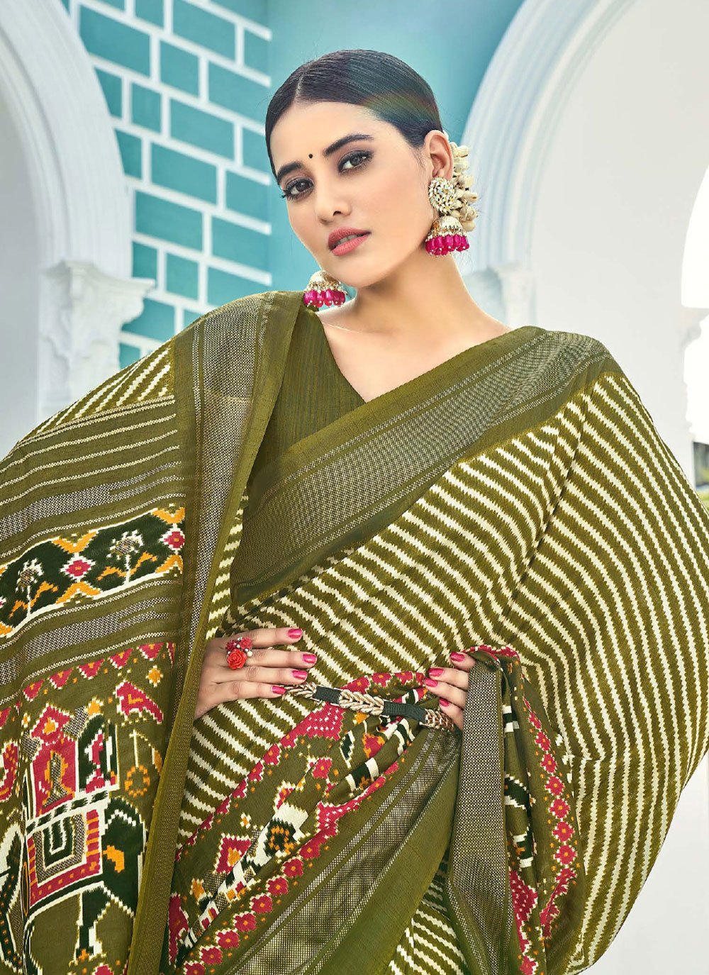 Contemporary Silk Green Foil Print Saree